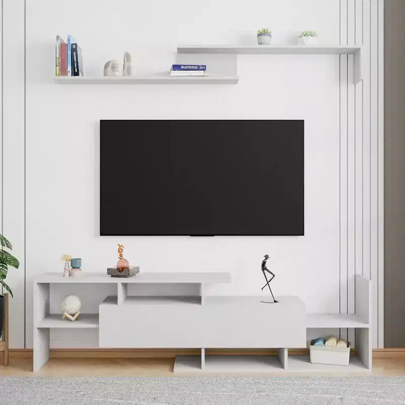 Mobile porta TV LeisureMod con ripiani e libreria in MDF, parte della collezione Surrey. Mobile da intrattenimento moderno per soggiorno, appartamento o ufficio
