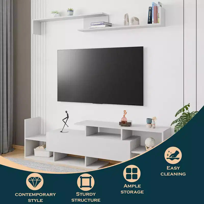 Mobile porta TV LeisureMod con ripiani e libreria in MDF, parte della collezione Surrey. Mobile da intrattenimento moderno per soggiorno, appartamento o ufficio