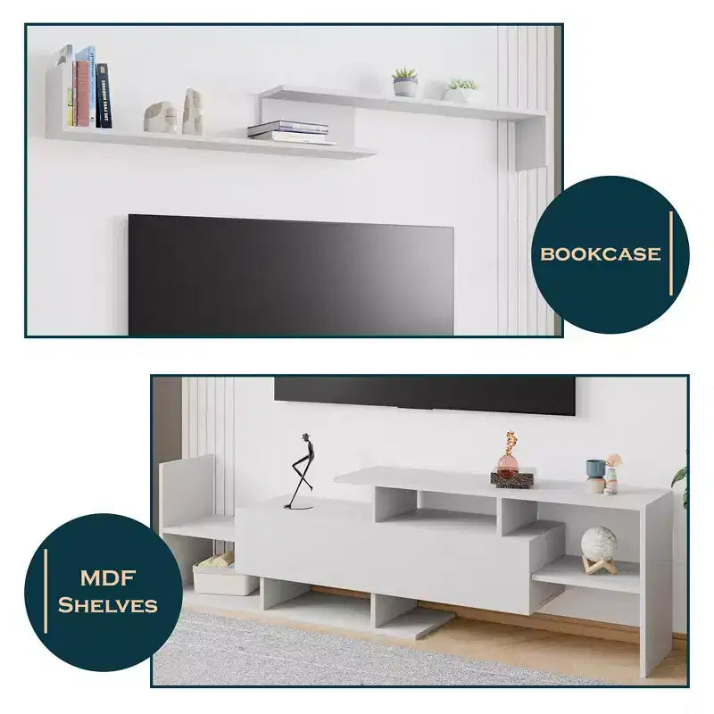 Mobile porta TV LeisureMod con ripiani e libreria in MDF, parte della collezione Surrey. Mobile da intrattenimento moderno per soggiorno, appartamento o ufficio