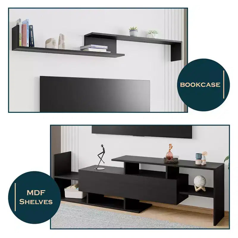 LeisureMod TV Stand with MDF Shelves and Bookcase, Part of the Surrey Collection  Modern Entertainment Console for Living Room, Apartment, or Office