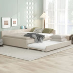 Letto imbottito a piattaforma Queen Size con USB e letto estraibile Twin Size, Beige