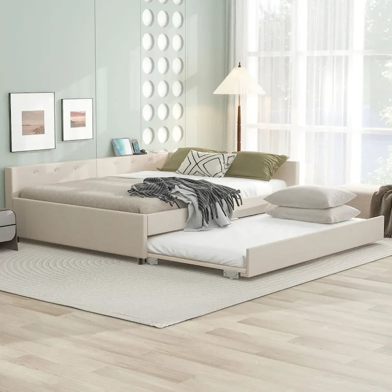 Letto imbottito a piattaforma Queen Size con USB e letto estraibile Twin Size, Beige