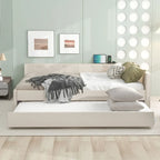 Letto imbottito a piattaforma Queen Size con USB e letto estraibile Twin Size, Beige