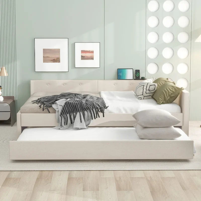 Letto imbottito a piattaforma Queen Size con USB e letto estraibile Twin Size, Beige