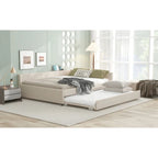 Letto imbottito a piattaforma Queen Size con USB e letto estraibile Twin Size, Beige