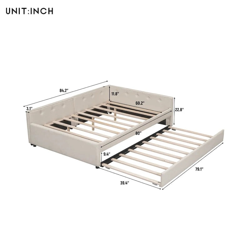 Letto imbottito a piattaforma Queen Size con USB e letto estraibile Twin Size, Beige