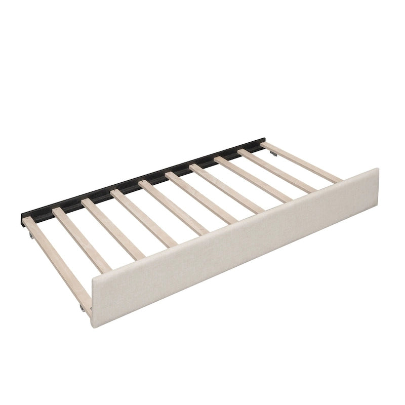 Letto imbottito a piattaforma Queen Size con USB e letto estraibile Twin Size, Beige