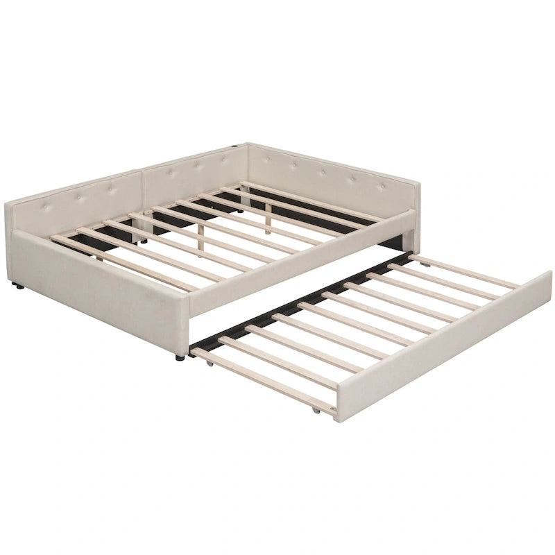 Letto imbottito a piattaforma Queen Size con USB e letto estraibile Twin Size, Beige