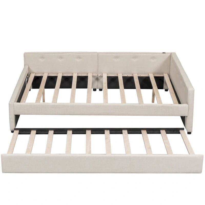 Letto imbottito a piattaforma Queen Size con USB e letto estraibile Twin Size, Beige