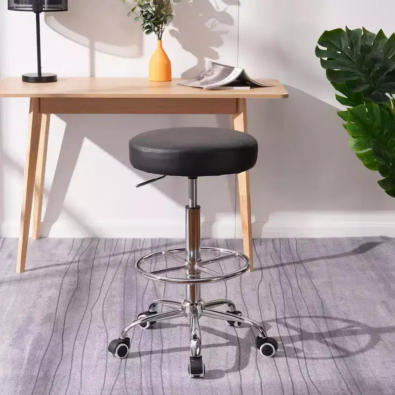 VECELO Round Rolling Stool, Easy Assembly PU Leather Height Adjustable Drafting Swivel Chair