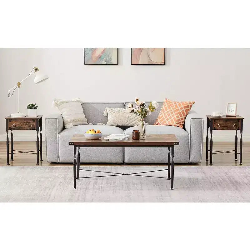VECELO Rectangle Coffee Table for Living Room, Industrial Wood Look Accent Furniture, X-Shaped Design and Metal Frame, Rustic Brown