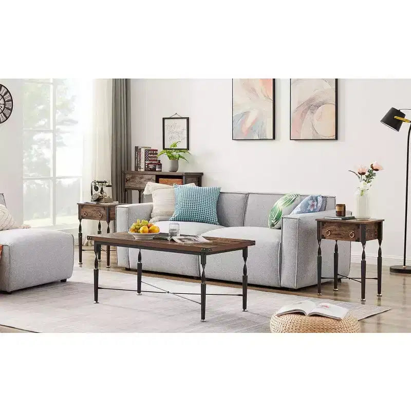 VECELO Rectangle Coffee Table for Living Room, Industrial Wood Look Accent Furniture, X-Shaped Design and Metal Frame, Rustic Brown