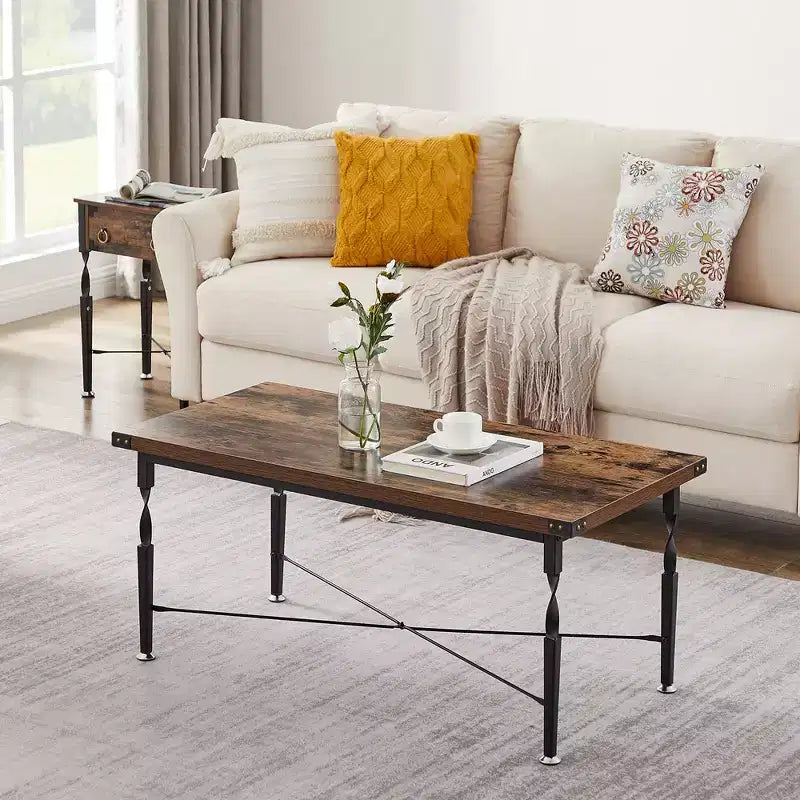 VECELO Rectangle Coffee Table for Living Room, Industrial Wood Look Accent Furniture, X-Shaped Design and Metal Frame, Rustic Brown