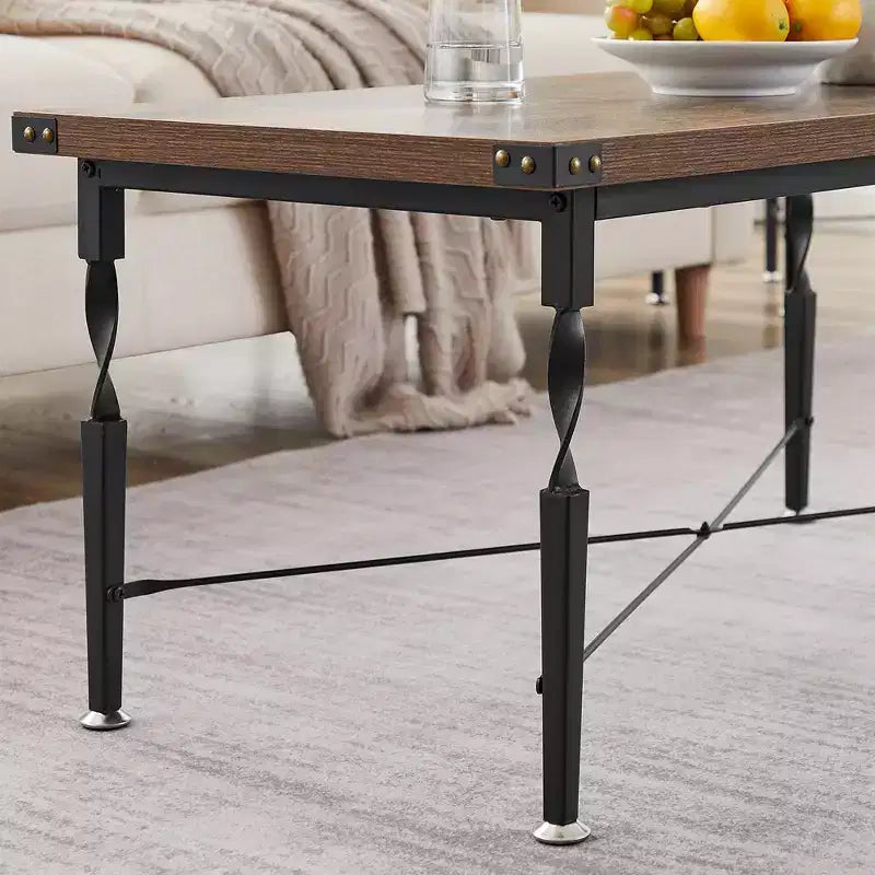 VECELO Rectangle Coffee Table for Living Room, Industrial Wood Look Accent Furniture, X-Shaped Design and Metal Frame, Rustic Brown