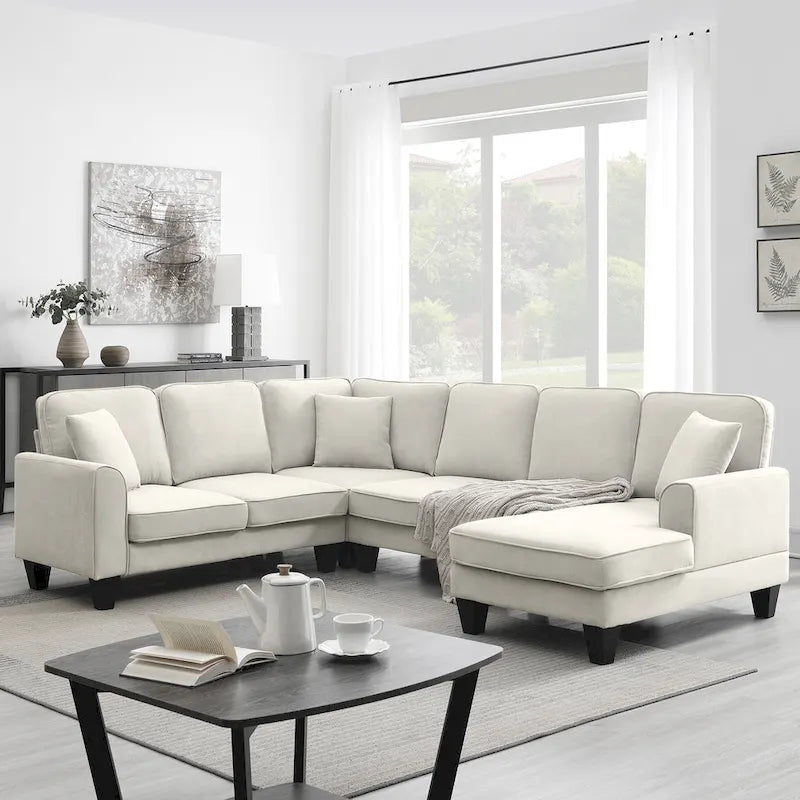 Modern U-Shaped 7-Seater Fabric Sectional Sofa Set with 3 Pillows, 108" x 85.5"