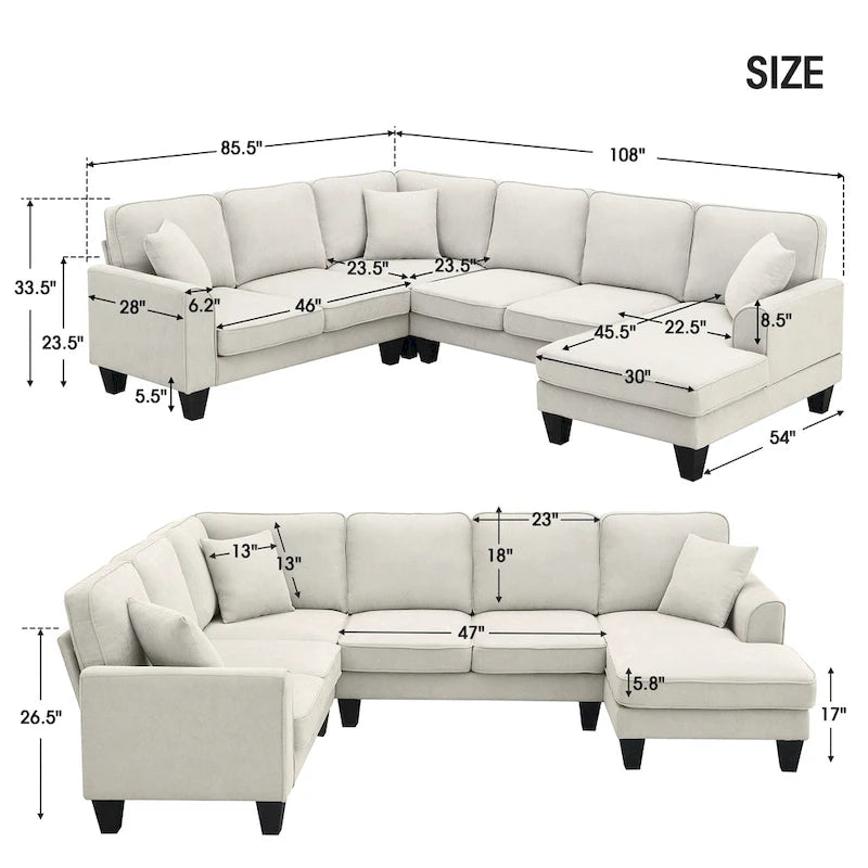 Modern U-Shaped 7-Seater Fabric Sectional Sofa Set with 3 Pillows, 108" x 85.5"