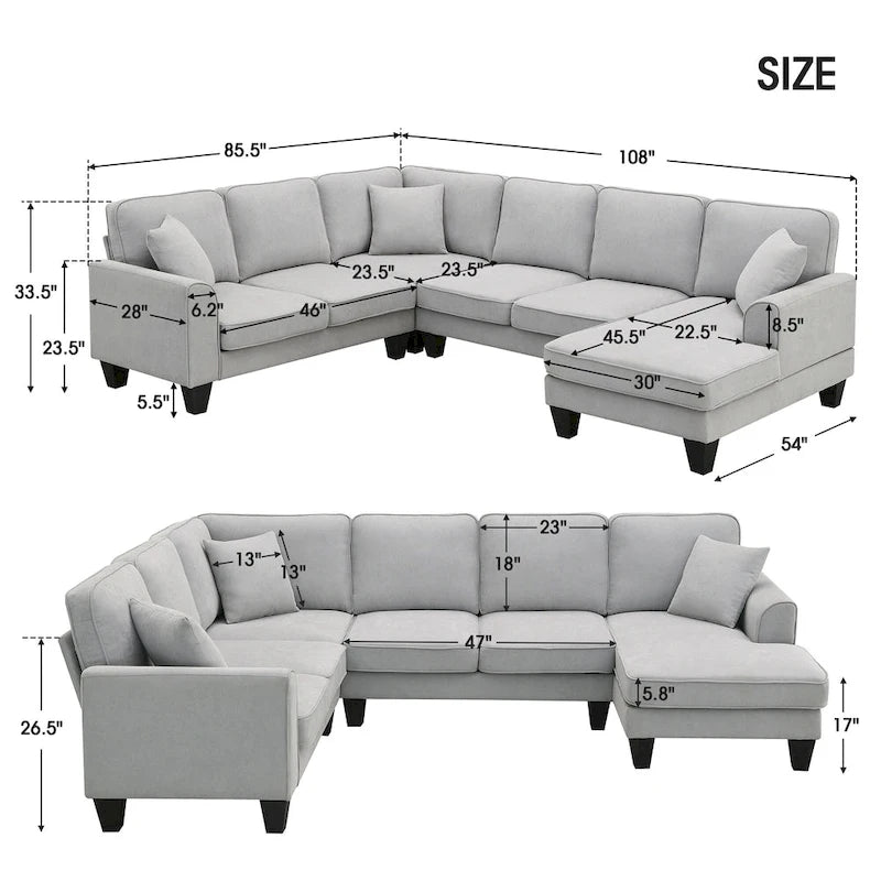Modern U-Shaped 7-Seater Fabric Sectional Sofa Set with 3 Pillows, 108" x 85.5"