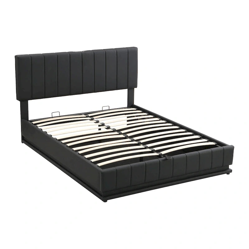 Letto imbottito Queen Size con sistema di sollevamento idraulico e luce LED, letto a piattaforma moderno con prese e porte USB, nero