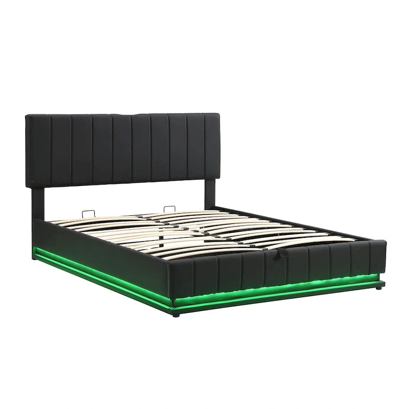 Letto imbottito Queen Size con sistema di sollevamento idraulico e luce LED, letto a piattaforma moderno con prese e porte USB, nero