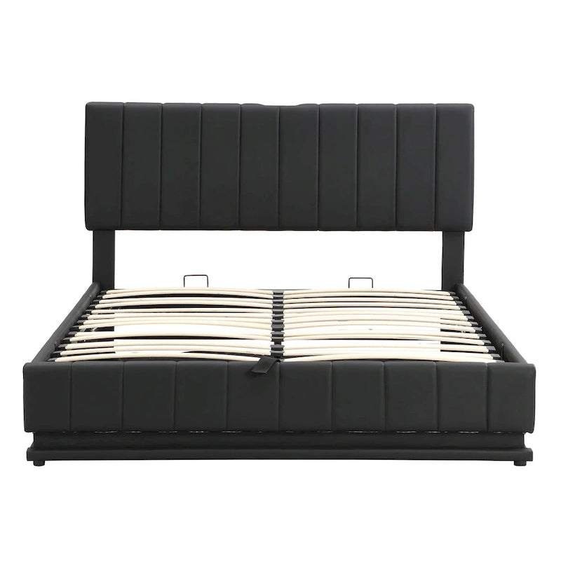 Letto imbottito Queen Size con sistema di sollevamento idraulico e luce LED, letto a piattaforma moderno con prese e porte USB, nero