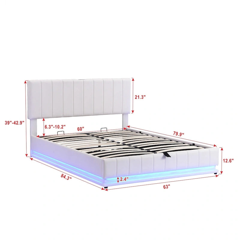 Queen Size Upholstered Bed with Hydraulic Storage System and LED Light, Modern Platform Bed with Sockets and USB Ports, Black