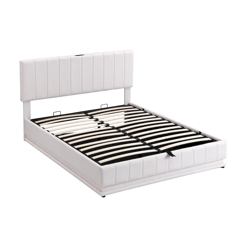 Queen Size Upholstered Bed with Hydraulic Storage System and LED Light, Modern Platform Bed with Sockets and USB Ports, Black