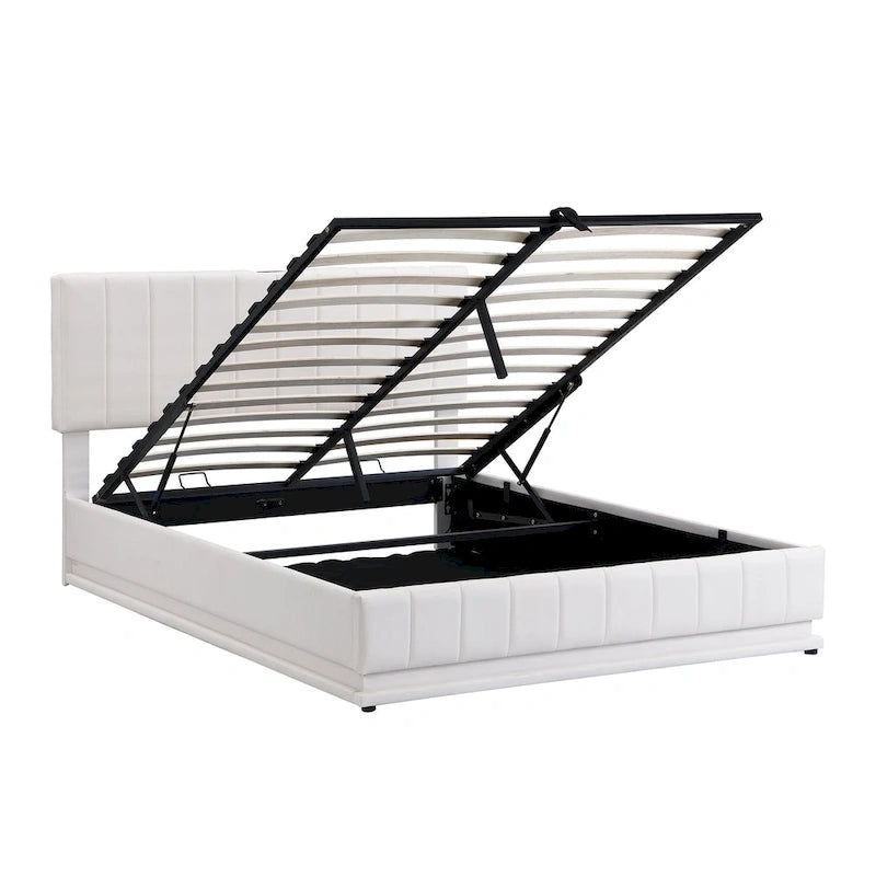 Queen Size Upholstered Bed with Hydraulic Storage System and LED Light, Modern Platform Bed with Sockets and USB Ports, Black
