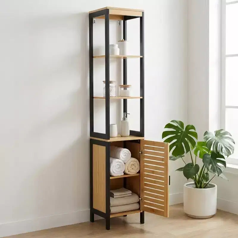 Evideco French Home Goods Cebu Elegant 13.4W x 11.13D x 68H Bamboo Linen Storage Tower - Contemporary Black Bathroom Tall Organizer
