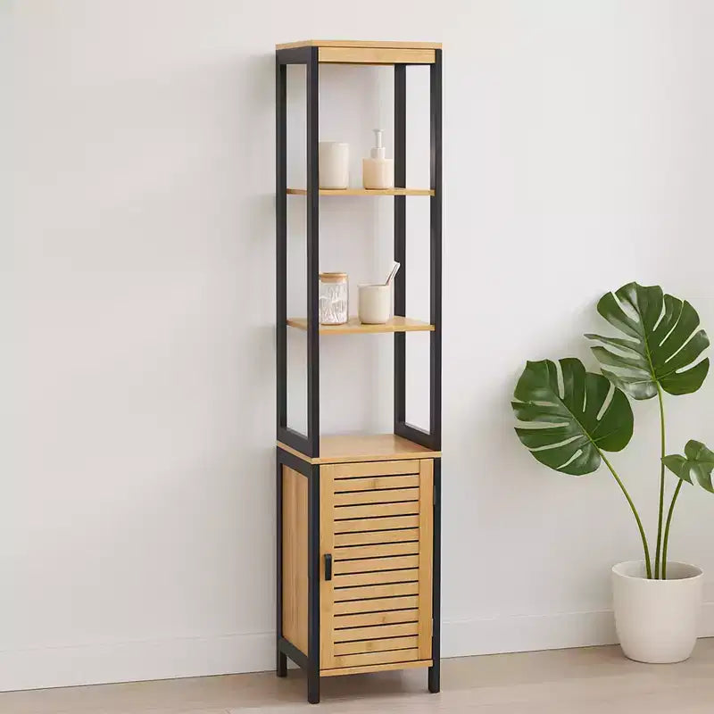 Evideco French Home Goods Cebu Elegant 13.4W x 11.13D x 68H Bamboo Linen Storage Tower - Contemporary Black Bathroom Tall Organizer