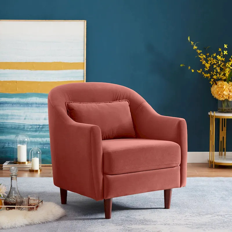 VANOMi 28.34 Poltrona accentata, poltrona a barilotto in velluto con gambe in legno massello