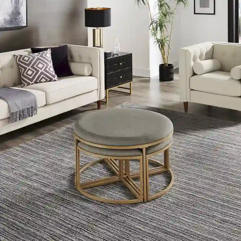 Gold Round Coffee Table with 4 Nesting Stools Set
