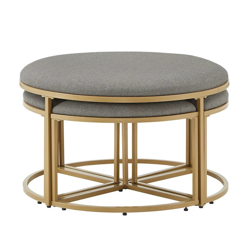 Gold Round Coffee Table with 4 Nesting Stools Set
