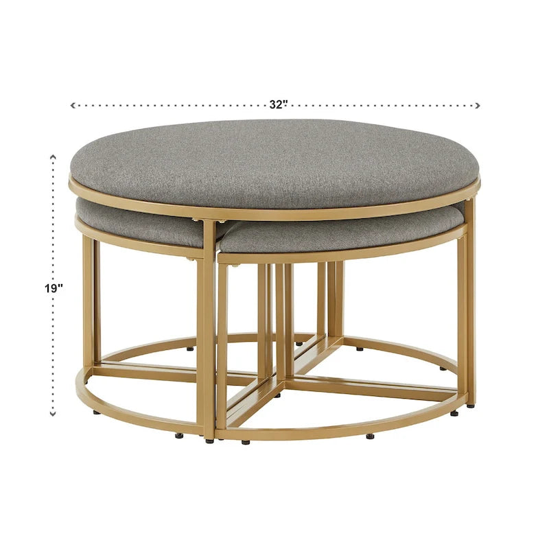 Gold Round Coffee Table with 4 Nesting Stools Set