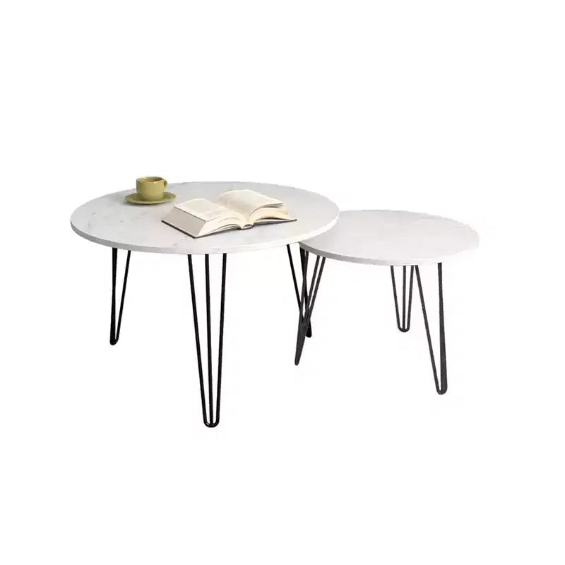 27.56'' Round Nesting Coffee Table Set of 2, Circular Nesting End Table Set, Round Wooden Tabletop, and Sturdy Metal Base