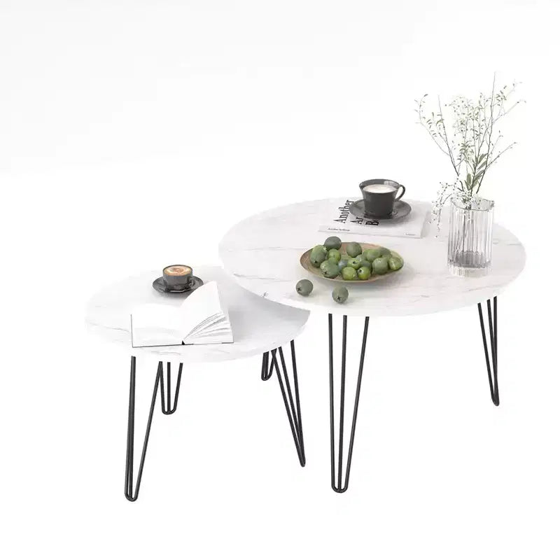 27.56'' Round Nesting Coffee Table Set of 2, Circular Nesting End Table Set, Round Wooden Tabletop, and Sturdy Metal Base
