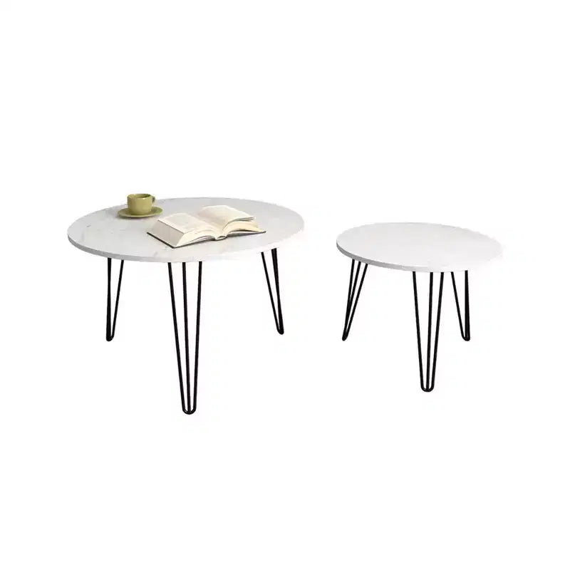27.56'' Round Nesting Coffee Table Set of 2, Circular Nesting End Table Set, Round Wooden Tabletop, and Sturdy Metal Base