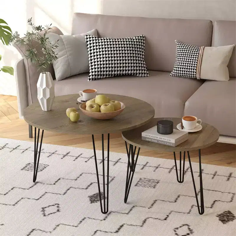 27.56'' Round Nesting Coffee Table Set of 2, Circular Nesting End Table Set, Round Wooden Tabletop, and Sturdy Metal Base