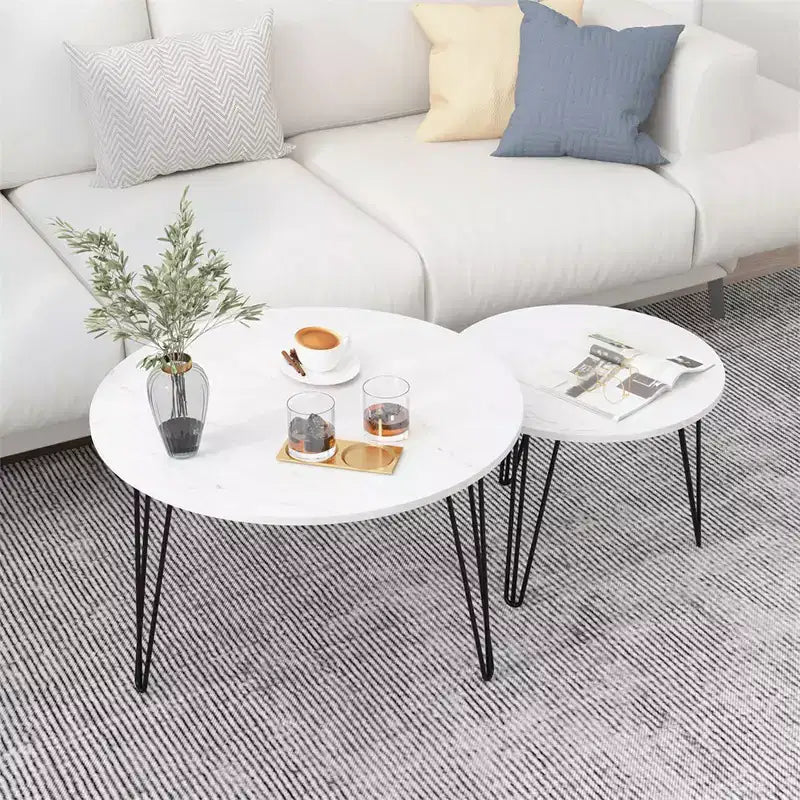 27.56'' Round Nesting Coffee Table Set of 2, Circular Nesting End Table Set, Round Wooden Tabletop, and Sturdy Metal Base