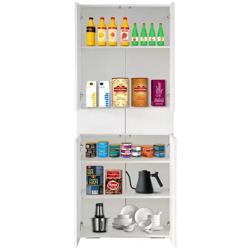 Basicwise 66 Kitchen Pantry Cabinet with 4 Doors, 3 Adjustable Shelves, 2 Cabinets with 1 Drawer  Elegant Freestanding Farmhouse Storage