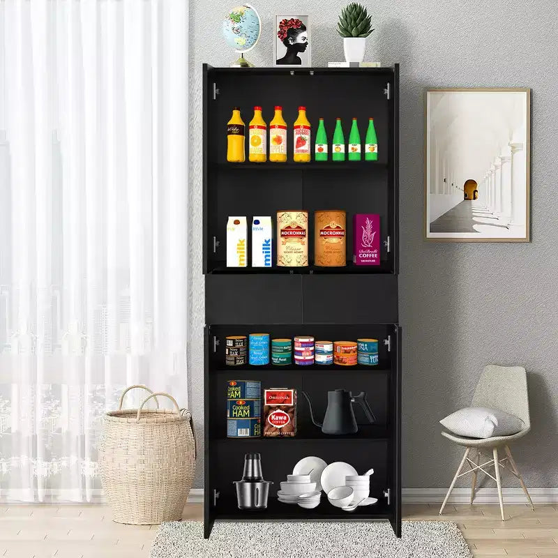 Basicwise 66 Kitchen Pantry Cabinet with 4 Doors, 3 Adjustable Shelves, 2 Cabinets with 1 Drawer  Elegant Freestanding Farmhouse Storage