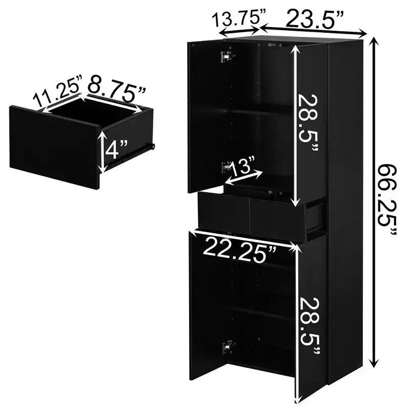 Basicwise 66 Kitchen Pantry Cabinet with 4 Doors, 3 Adjustable Shelves, 2 Cabinets with 1 Drawer  Elegant Freestanding Farmhouse Storage