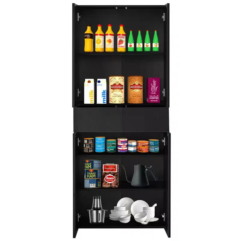 Basicwise 66 Kitchen Pantry Cabinet with 4 Doors, 3 Adjustable Shelves, 2 Cabinets with 1 Drawer  Elegant Freestanding Farmhouse Storage