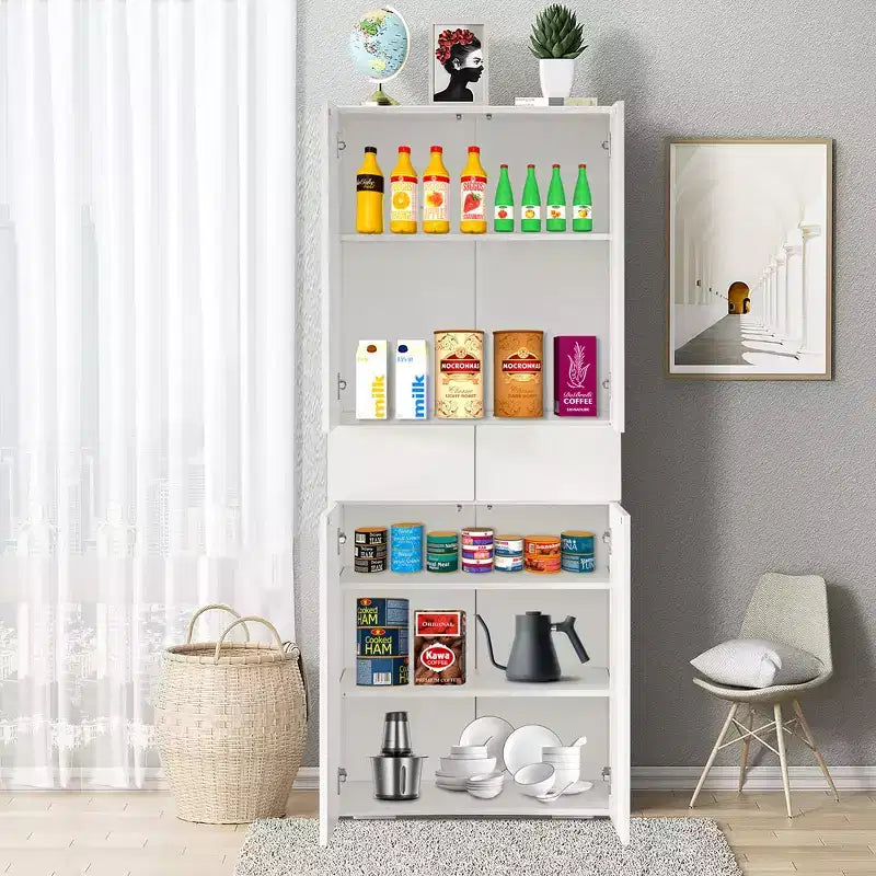 Basicwise 66 Kitchen Pantry Cabinet with 4 Doors, 3 Adjustable Shelves, 2 Cabinets with 1 Drawer  Elegant Freestanding Farmhouse Storage