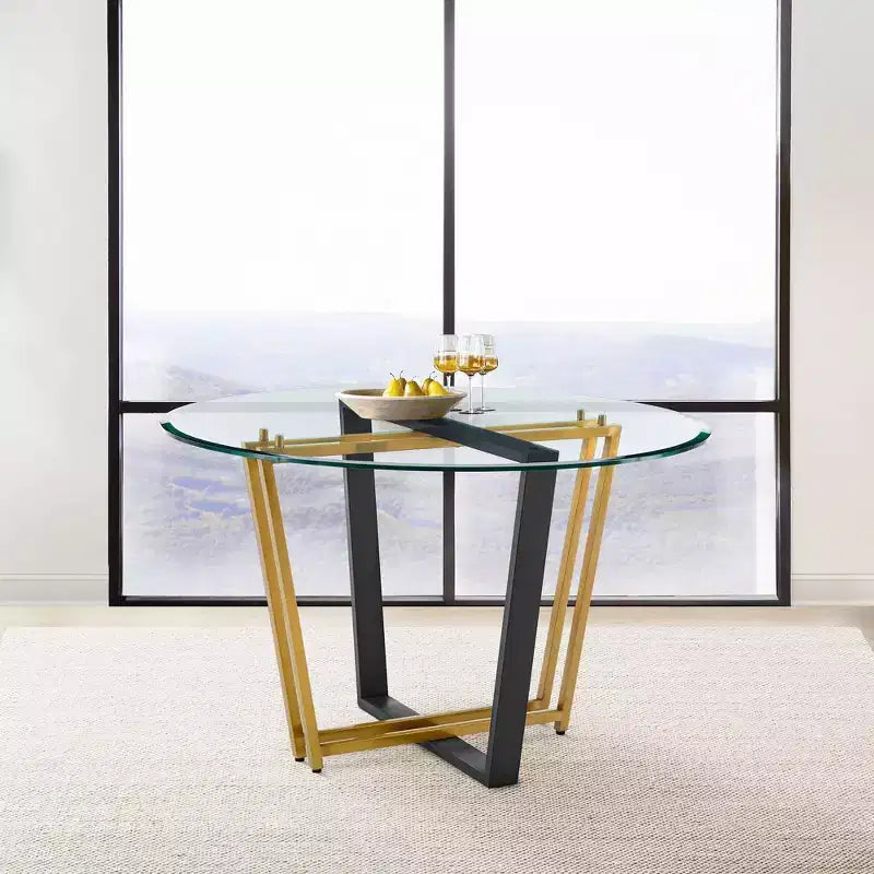 Armen Living Devi Round Glass Brushed Stainless Steel and Iron Base Dining Table
