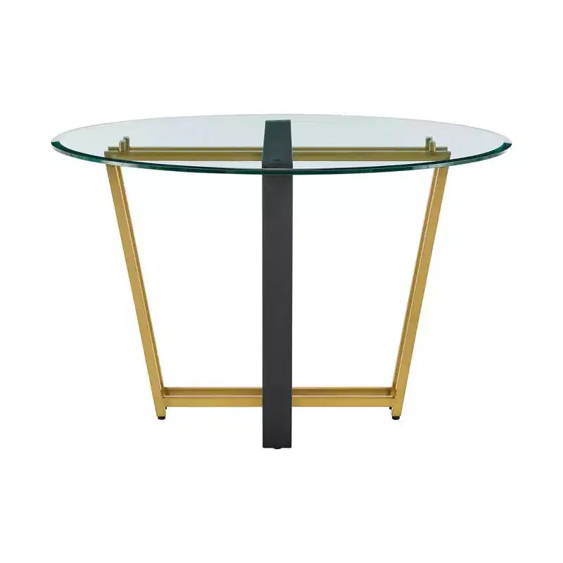 Armen Living Devi Round Glass Brushed Stainless Steel and Iron Base Dining Table