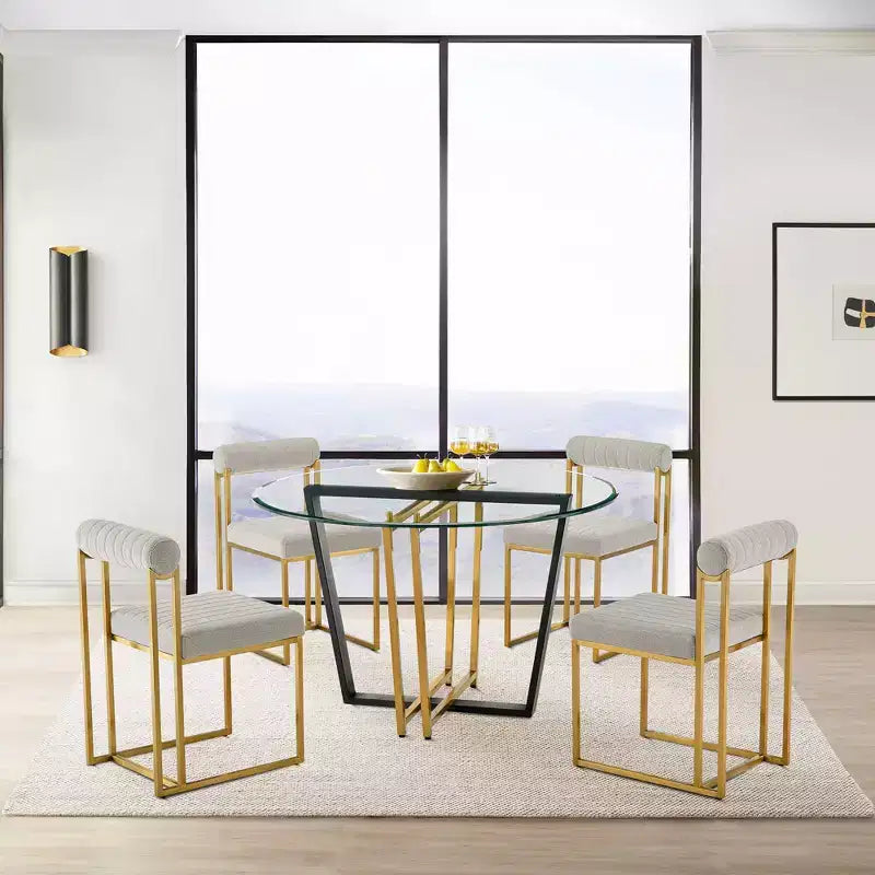 Armen Living Devi Round Glass Brushed Stainless Steel and Iron Base Dining Table