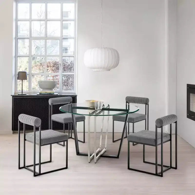 Armen Living Devi Round Glass Brushed Stainless Steel and Iron Base Dining Table