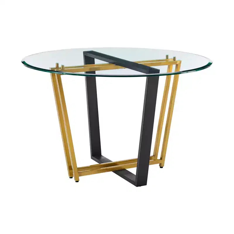 Armen Living Devi Round Glass Brushed Stainless Steel and Iron Base Dining Table