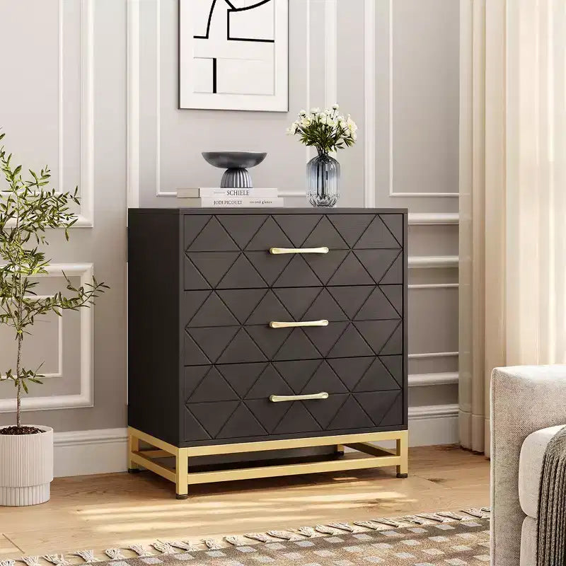 3 Drawer Dresser, Wood Chest Drawers with Storage for Closet, Bedroom, Drawers Dresser Modern Bedside Nightstand with Gold Handles