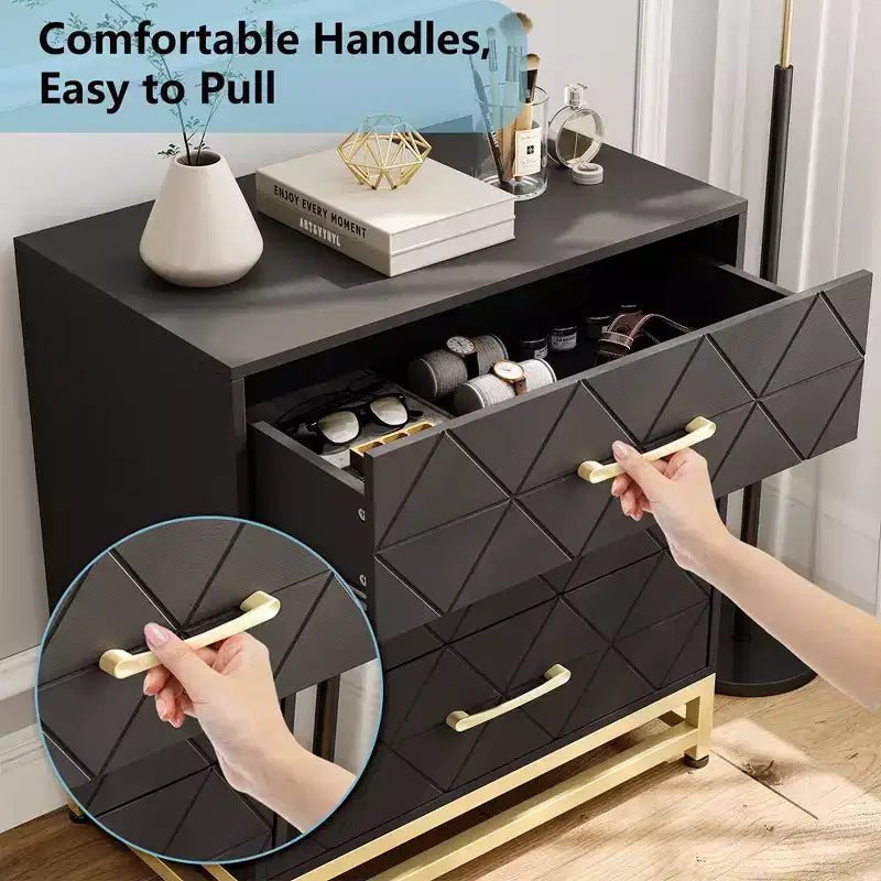Cassettiera a 3 cassetti, comò in legno con contenitore per armadio, camera da letto, cassettiera moderna, comodino con maniglie dorate
